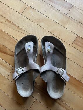 Birkenstock Beige Suede Thong Sandals with Buckle